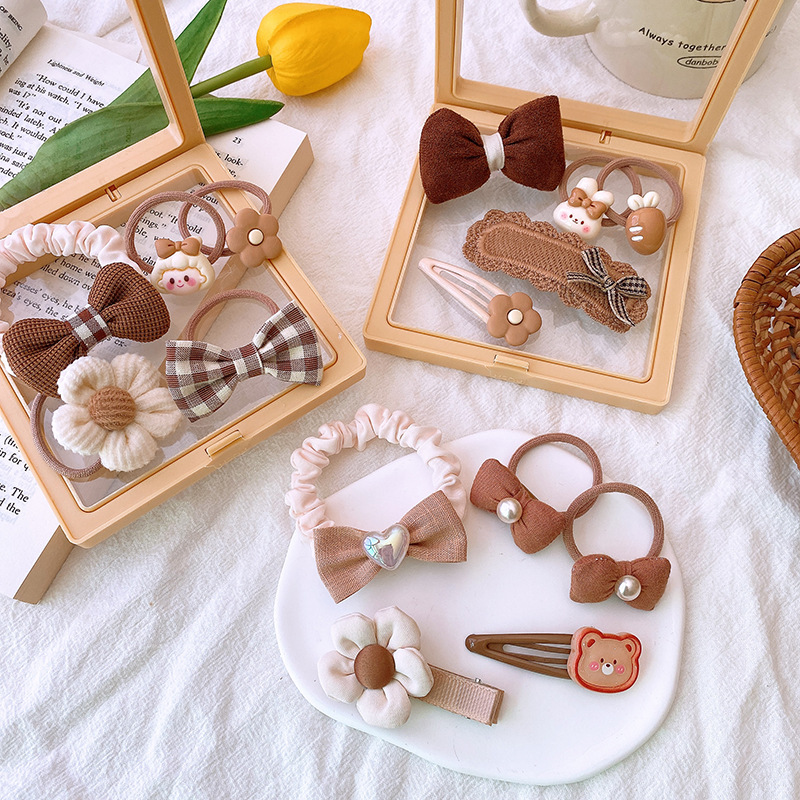 Korean Tea Set - 5Pcs Hair Accessory Set Milk Tea